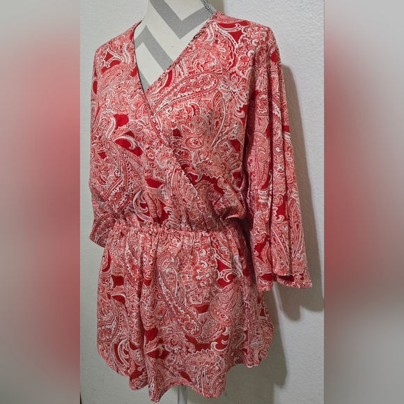 Elan Red Paisley Boho Romper Surplice V-Neck Long Sleeve Elastic Waist Medium - Picture 3 of 16